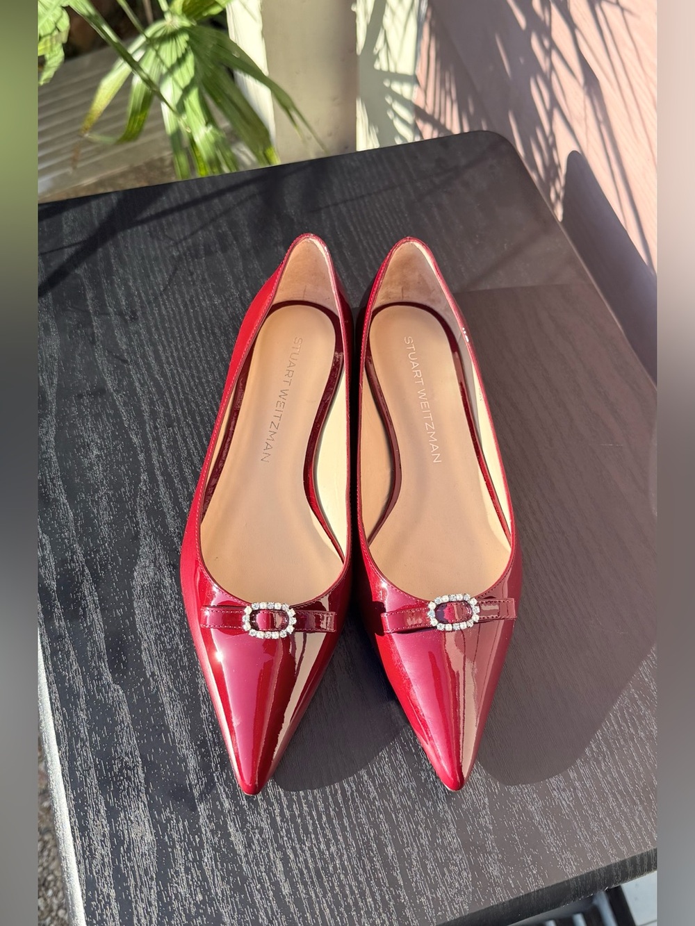 Stuart Weitzman Patent Pointed-Toe Flats in Bordeaux with Rhinestone Buckle